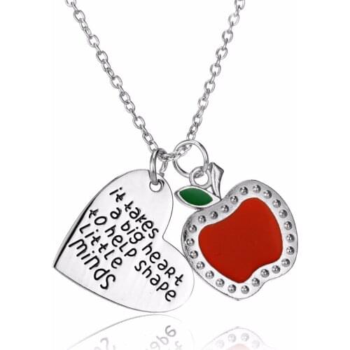 12PC/Lot Apple Love Heart Charms Pendant Teachers Necklace It Takes A Big Heart To Help Shape Little Minds Teacher Jewelry Gifts
