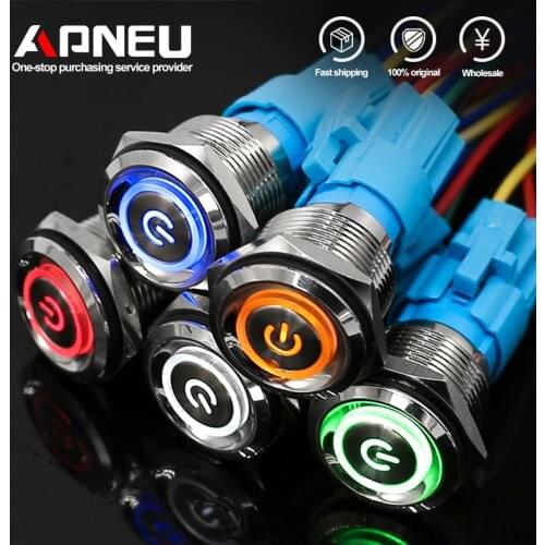 16mm metal push button switch 19mm power button Waterproof Flat circular button LED light self-lock self-reset button 1NO1NC 12V