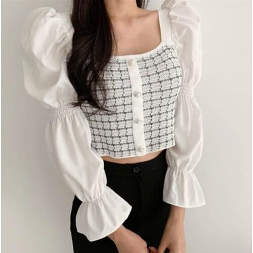 2020 Korean Autumn Elegant Long Puff Sleeve Elegant Square collar Striped Knitted Single-breasted Women chic Tops Vestidos