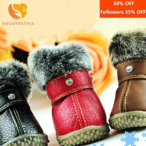 4pcs/lot Waterproof Leather Pet Dog Shoes Rhinestone Decor Fluff Anti-slip Sneaker Dog Snow Boot Christmas Sneaker for Small Dog