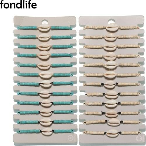 White Green Heishi Beads Cowrie Seashell Adjustable Bracelet Women 12pcs Wholesale Shells Black Beige Cord Braided Jewelry Gift