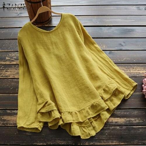 ZANZEA Spring Ruffles Blouse Women Casual Solid Long Sleeve Vintage Coton Work Tunic Tops Shirts Female Blusas Chemise