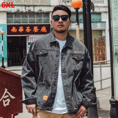 Tide brand large size mens black gray denim jacket big size male fat casual jacket pocket fashion