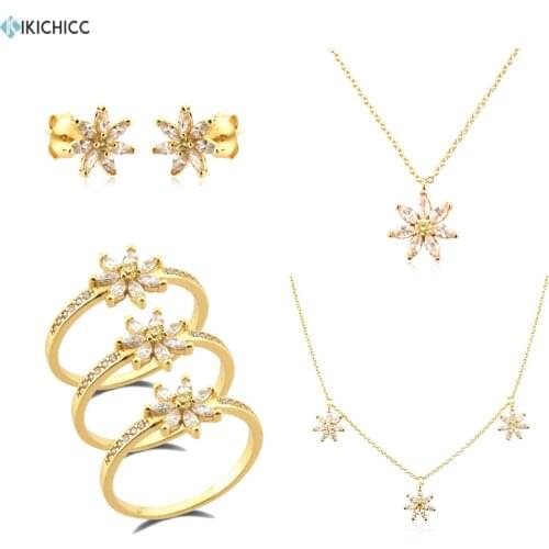 KIKICHICC 925 Sterling Silver Gold Daisy Chrysanthemum Clear Yellow Zircon Charm Stud Earring Choker Necklace Ring Jewelry Set