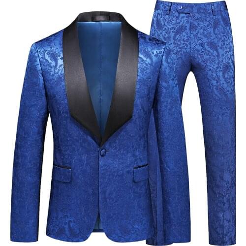 Royal Blue Wedding Men Suit Marriage Groom Party Blazers Toursers Two Pieces Set Slim Fit Jacquard Suits Large 62/ 6XL 5 Colors