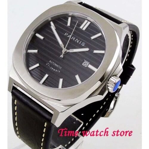 Parnis 44mm MIYOTA mechanical automatic wrist watch men waterproof steel square leather strap black dial luminous sapphire 1209