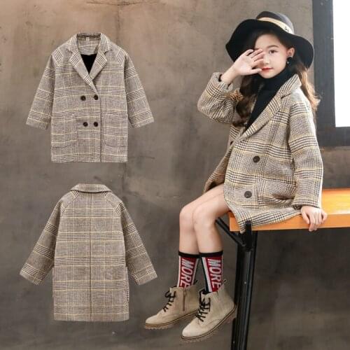 2020 Autumn Fall Girls Cotton Houndstooth Long Coat Kids Outerwear Teen Children Clothes Fashion Turn-down Collar Plaid Overcoat