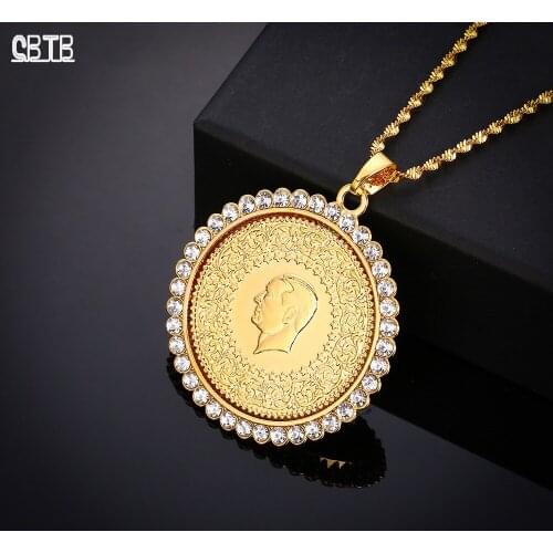 Turkish Coin Pendant Necklace Gold Inlaid Crystal Fashion Personality Hot-selling Round Non-fading Jewelry Gifts Wholesale