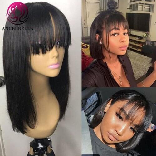 14 16 Inch Straight Bob Wigs Human Hair Wig With Bangs Brazilian Remy Human Hair Bob Wigs No Lace Machine Wig For Black Women