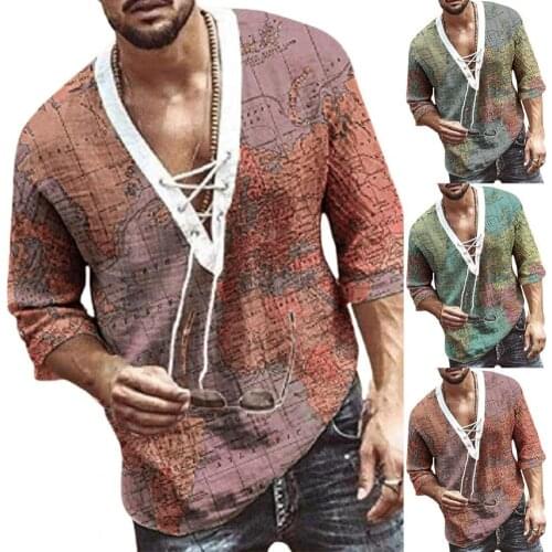 Stylish Men Shirt Map Print V Neck Pullover Loose Front Lace Up Half Sleeve Quick Drying Tee Shirt for Vacation Blue 2021