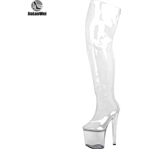 Women 20cm Extreme High Heels +9CM Platform Clear PVC Over-Knee High Boots Sexy Fetish Zip Fashion Show Transparent Crotch Boots