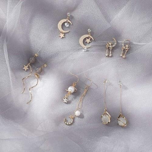 Korean Simple Temperament Starry Series Rhinestones Tars Moon Dangle Earrings for Women Girl Fashion Jewelry Accessories