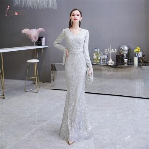 Vestidos De Fiesta Long Evening Dresses V Neck Sequins Party Prom Gowns For Women Robe De Soiree Longue Real Photos
