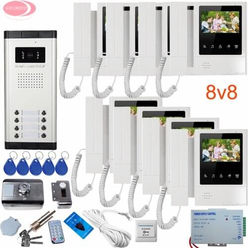 For 8 Apartments Color Video Door Phone Doorbell 4.3inch Home Video Doorman With Rfid Unlock Electronic Lock Night Vision Camera