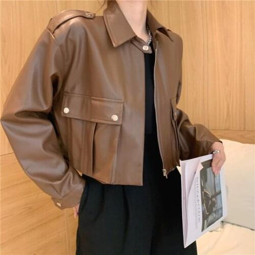 Women Autumn Short Jacket Restoring Long-Sleeved PU Leather Zipper Pockets Brown Black Fashion Motorcycle Tops Coat Female