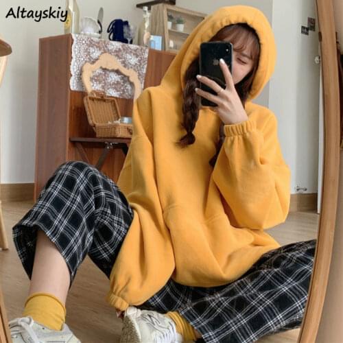 Hoodies Womens Solid Hooded Drawstring Oversize Thicken Korean Style Lovely Sweatshirt Front Pockets Female Vintage Daily Chic
