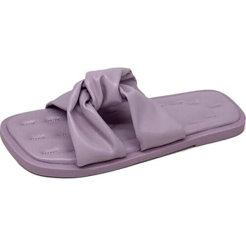 Women Summer Purple Square Toe Padded Cross Strap Butterfly Bow Entrada Knot Slide Sandals Tone To Tone