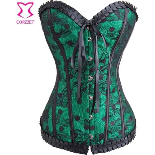 Green Satin Lace Overlay Polka Dot Corselet Overbust Bustier Corset Sexy Lingerie Women Body Shaper Ladybug Gothic Clothing