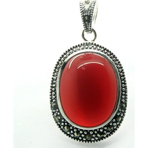 Ladys Elegant Natural oval 30*20mm Red JADE 925 Sterling Silver Marcasite Pendant