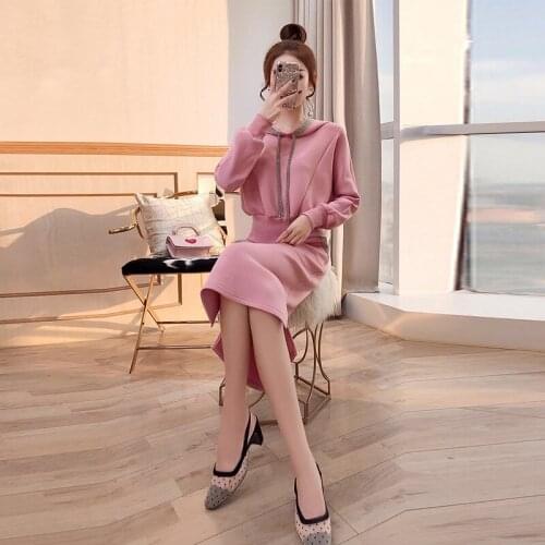 Set womens new autumn womens fashion hooded solid color shirt with skirt 2sets of temperament commuter sweater skirt two-piece