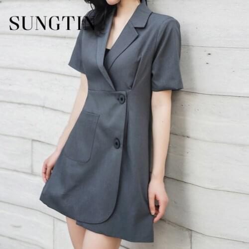 Sungtin Office Lady Blazer Dress Women Korean Chic Slim A Line Short Sleeve Dresses Vintage Vestidos De Mujer Summer Spring 2021