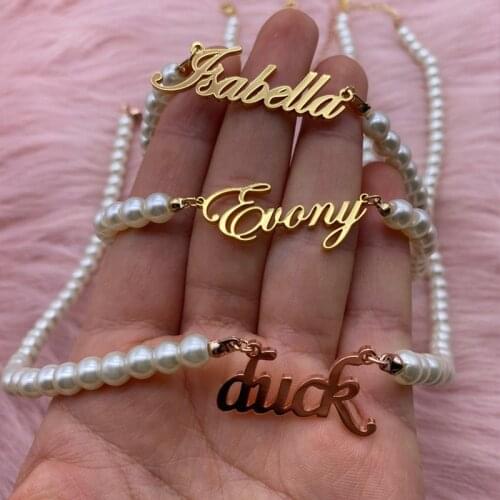 Custom Name Necklace For Women Pearl Chain Necklace Personalized Letter Nameplate Necklace Summer Jewelry Mothers Day Gift