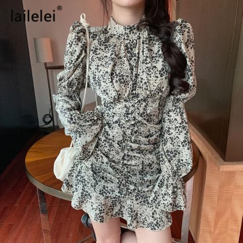 Floral Printing Stand Puff Flared Long Sleeve Chiffon Dress Women Elegant Ruched Mermaid Vestidos Cortos Chic Sexy 2021 Spring