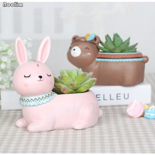 1pc Cute Cartoon Animal Flowerpot Resin Succulent Plant Pot Fox Elephant Bear Rabbit Planter Pot Home Garden Decor Bonsai Pot