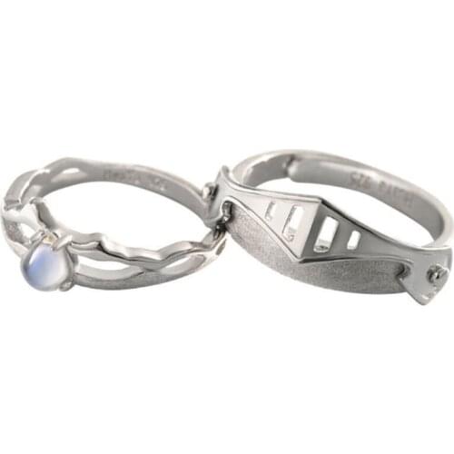 2Pcs Moonstone Princess and Knight Lover Matching Open Band Rings Kit Couple Rings Wedding Promise Ring Set Adjustable