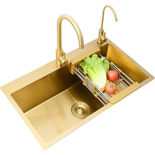 Household Double sink Above Counter 304 Stainless Steel Brushed Gold Kitchen Sink with Faucet Under Mount Farmhouse Sink 80x45cm
