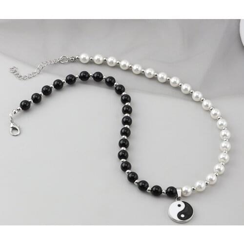 Round Pearl Beads Yin Yang Taichi Pendant Stainless Steel Chain Unisex Necklace Couple Jewelry Women Mens Pendant Necklace