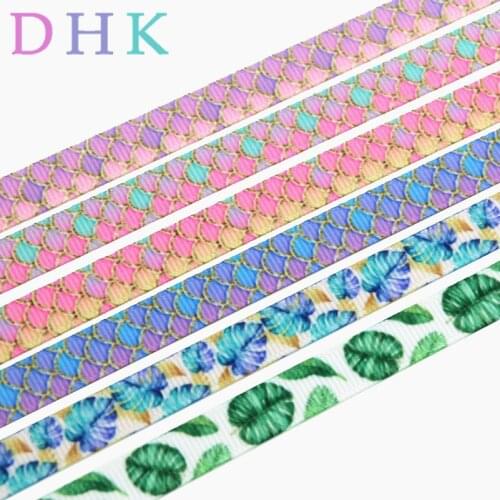 DHK 3/8'' 5yards mermaid fish scale leaf printed grosgrain ribbon Accessory hairbow headwear DIY decoration 9mm E1589