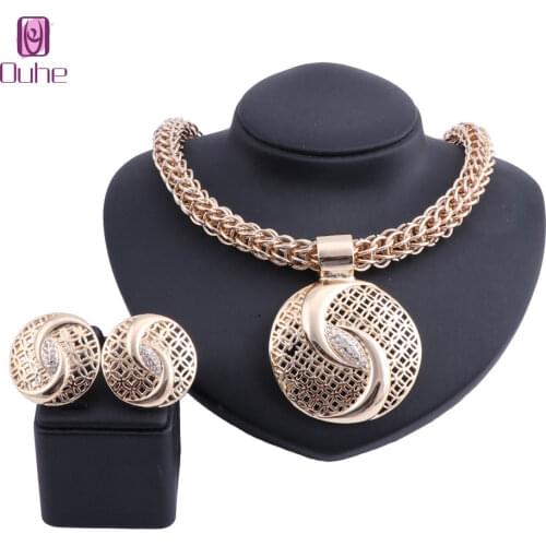 Latest Big Dubai Gold Color Crystal Jewelry Sets Fashion Nigerian Wedding African Beads Costume Necklace Earring