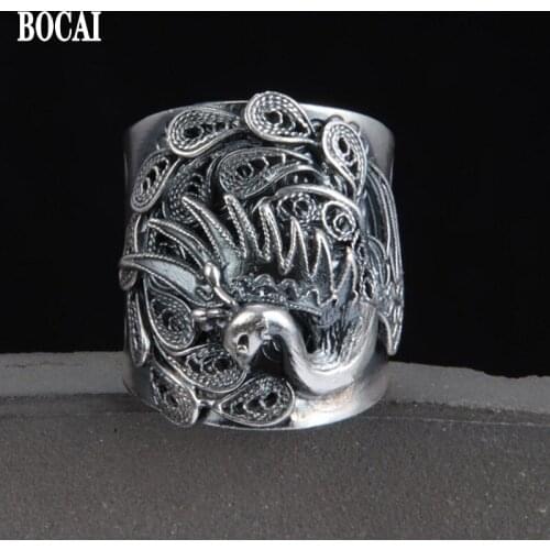 BOCAI New Real s999 Pure Silver Jewelry Retro Wide Face 2021 Trend Fashion Ethnic Style Beautiful Peacock Woman Ring