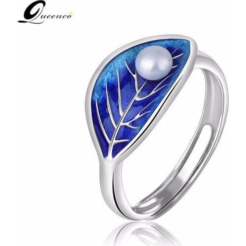 Cloisonne Leaf Wedding Rings Fresh Water Pearl Ring Silver Plated Ring Vintage Jewelry Women Accessories