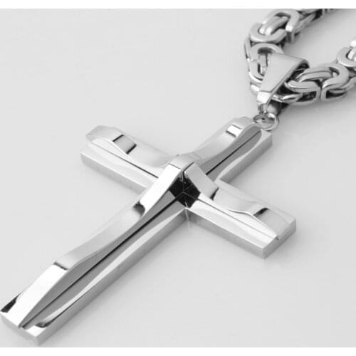 Sporty Biker Stainless Steel Polished Silver Color Christian Jesus Cross Pendant With Byzantine Chain Necklace Mens Boys Jewelry