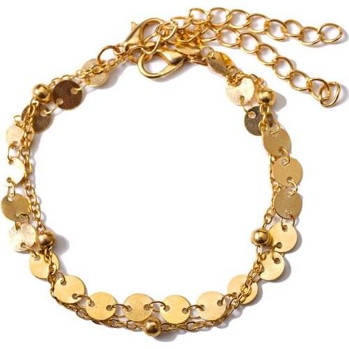 Simple Trend Circle Sequins Double Layer Golden Silver Plated Alloy Charm Anklet Bracelets For Women Foot Jewelry