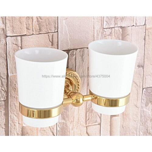 Luxury Bathroom Golden Polished Toothbrush Holder Solid Brass Base Dual Ceramics Cups Wall Mounted Nba599