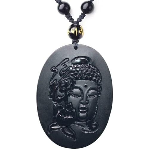 SHIYM Obsidian Buddha and Lotus Necklace Pendant Gem Jewelry Obsidian Jewelry Mens Pendant With Chain Jade Jewelry
