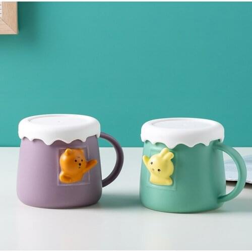 Cute cartoon style couple mug with lid cute personality bear cute rabbit ceramic water cup home creative embossed cup