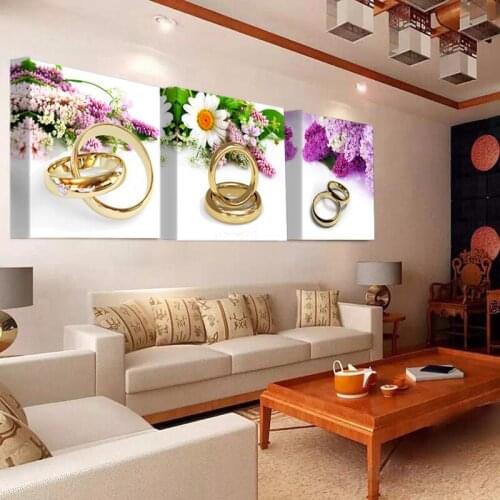 Modern Flowers and Rings 3 Pieces Mural Art Picture Set on Canvas Oil Painting for Wedding Room Bed Room Decoration S352