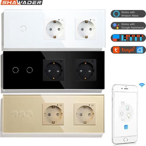 WiFi Smart Wall Socket EU Outlets 1/2/3 Gang Light Touch Switch Crystal Glass Panel Wireless Remote by Alexa Google Home Tuya