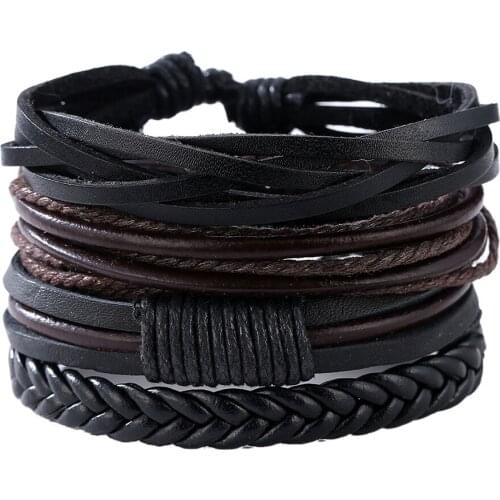 European Vintage Leather Bracelet Fashion Hand-knitted Multi-layer Leather Feather Leaf Bracelet And Fashion Mens Bracelet Gift