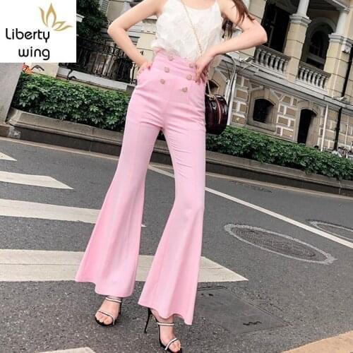 Summer New Brand Fashion Waist Double Breasted Womens Flare Pants High Street Full Length Slim Office Ladies Pink Trousers