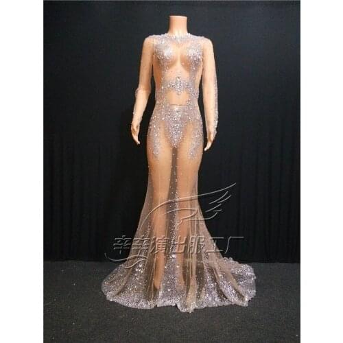2020 Women New Mesh Perspective Sparkly Crystals Long Dress Evening Party Shiny Rhinestones Celebrate Costume Fringes Sexy Dress