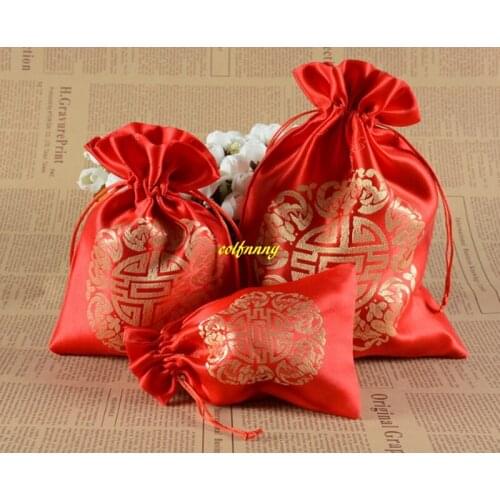 50pcs/lot 10x14cm 13*18cm 17*23cm RED Happiness Drawstring Bags Candy Packaging Bag Wedding Favor Pouch Jewelry Gift Bag