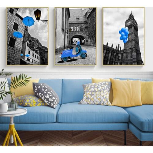Diamond Painting European City Landscape Posters Nordic Wall Art Print Blue Balloon Umbrella Scenery Picture for Home Decor