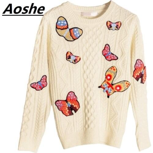 Aoshe 2018 Newest Designer Pullover Twist Sweater Women Fashion Winter Butterfly Embroidery Basic Casual Knitted Sweaters Jumpe