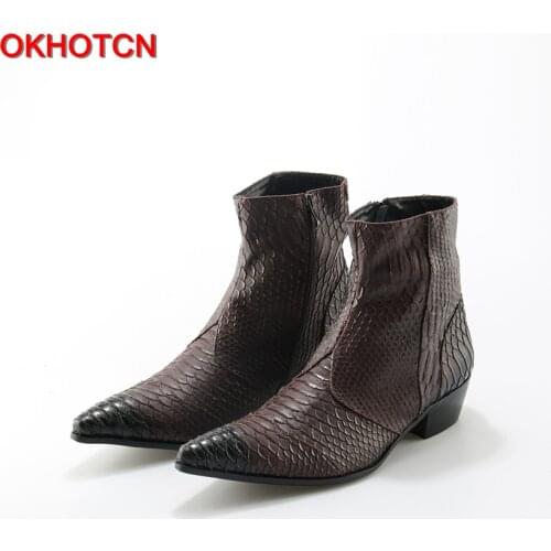 Crocodile Grain Brown White Mens Ankle Boots Embossed Genuine Leather Dress Boots Spring High Flat Boots New Mens Wedding Shoes