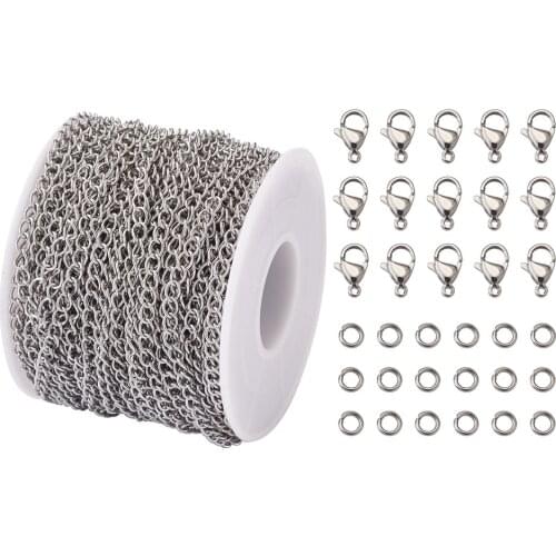 1Set Stainless Steel Curb Chains Lobster Clasp Jump Rings Jewelry FIndings Fit DIY Bracelet Necklace Jewelry Making Supplies Kit
